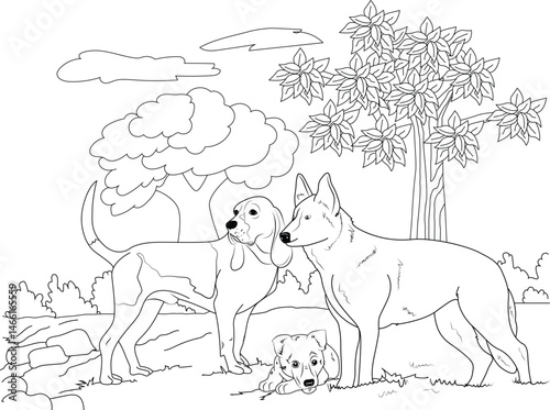 Outline of Dogs on Grass Coloring Page, Black and white line art illustration featuring an adult German Shepherd-like dog, an adult Hound or Beagle-like dog, and a puppy standing and lying on grass 