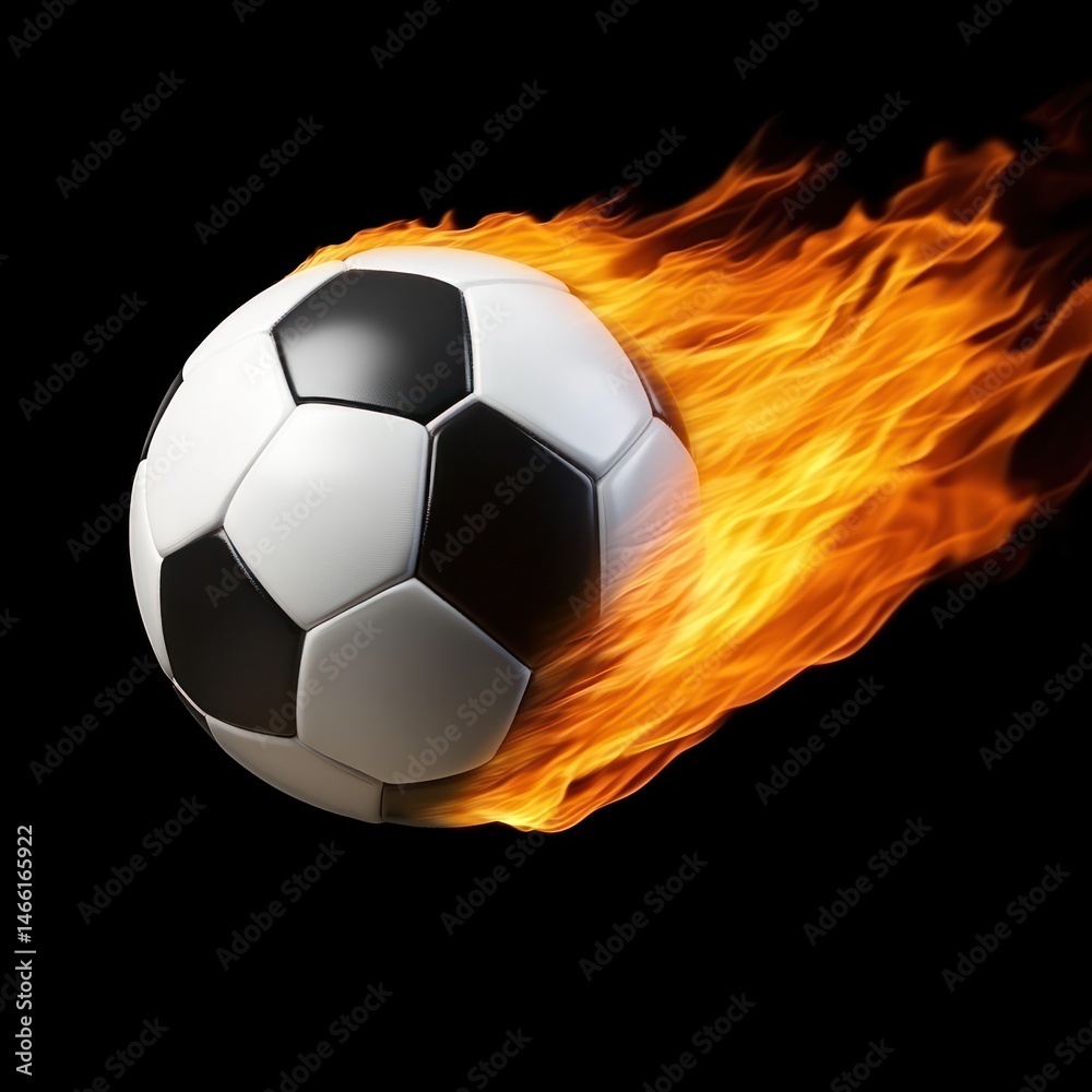 Fototapeta premium Fiery soccer ball, burning with passion. It's a soccer ball engulfed in a trail of flames, with a black and white pattern