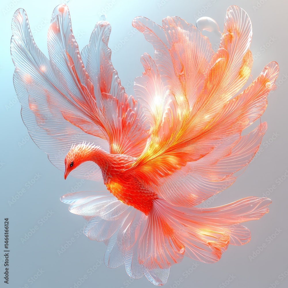 Fototapeta premium a divine sea phoenix clipart, reborn marine entity, abstract 3D glow, pale coral, isolated on white background