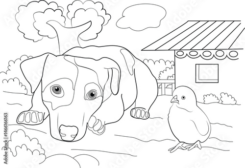 Cartoon Dog and Chicken in Village Yard Coloring Page, Black and white line drawing of a friendly dog lying down next to a cute chicken in the yard outside a house in a village setting. Ideal for a 