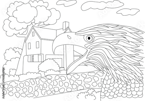 Bird of Prey Outline Outside House, Black and white outline drawing of a majestic bird of prey in the foreground, with a house, garden wall, bushes, and clouds in the background. Ideal as a coloring 