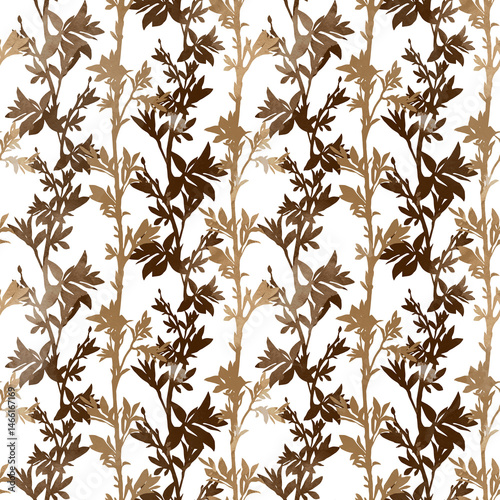 Seamless botanical pattern with leaves and flowers silhouettes and watercolor texture. Stylized leaves, soft contrast, repeating layout for surface design and textile use.