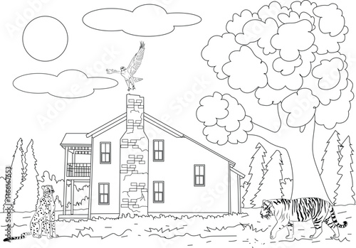 Line Art of Tiger and Cheetah Near a Jungle House, Black and white outline illustration featuring a tiger and a cheetah in a jungle or forest setting, with a house, trees, sun, clouds, and a bird. 