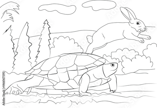 The Tortoise and the Hare Race Illustration, Black and white line art drawing depicting the classic fable of The Tortoise and the Hare, showing the slow but steady tortoise and the fast rabbit in a 