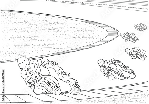Monochrome Line Art of a Motorcycle Race, Dynamic black and white line drawing illustrating a scene from a motorcycle race. Multiple riders lean into a sharp turn on the track, depicting speed and 