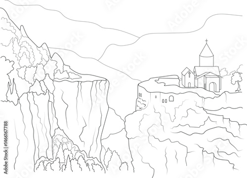 Beautiful Mountain Landscape with Ancient Building Line Art, Simple black and white line art illustration depicting a dramatic mountain landscape featuring steep cliffs, a canyon, and an ancient 