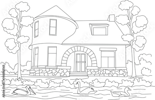 Line Drawing of a House with a Pond and Waterfowl, Black and white line art illustration depicting a charming house situated by a tranquil pond. The scene includes trees and various waterfowl on the 