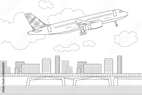Airplane Flying Over City Coloring Page, A black and white outline illustration suitable for a coloring book, depicting a passenger airplane flying high in the sky above a city skyline with 