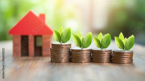 Small model house with growing plants on stacks of coins representing financial growth and investment in sustainability and eco-friendly development concept