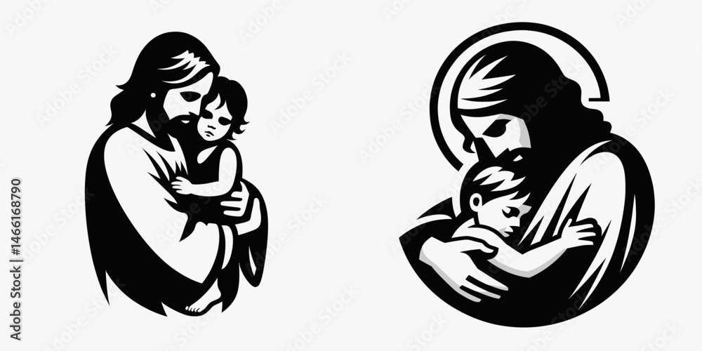 Fototapeta premium The Jesus Hugging a Child. Christian Art Nativity Crucifix Divine Salvation. Deity embracing infant sacred affection tender grace comfort.