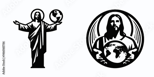 The Jesus Holding World. Christian Art Nativity Crucifix Divine Salvation. Saviors dominion sphere encompassing creation a globe of faith.