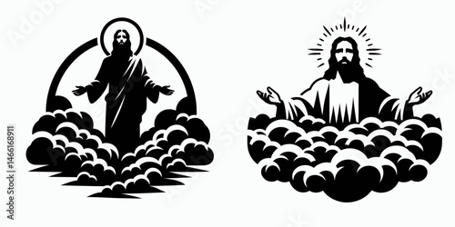 The Jesus in Clouds. Christian Art Nativity Crucifix Divine Salvation. Celestial christ apparition spiritual vision heavens sky symbol.