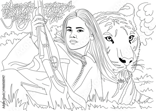 Illustration of a Young Woman Hunter with a Tiger and Rifle, Black and white line drawing of a young woman hunter lying down, holding a rifle, with a large tiger behind her. The illustration depicts 