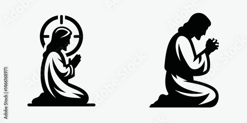 The Jesus Kneeling in Prayer. Christian Art Nativity Crucifix Divine Salvation. Christ devotion worshipping deity seeking solace quiet meditation.