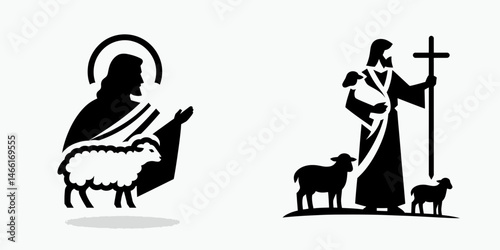 The Jesus Shepherding Sheep. Christian Art Nativity Crucifix Divine Salvation. messiah guiding flock care protection leadership concept.