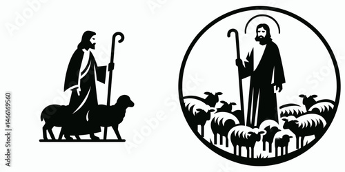 The Jesus Shepherding Sheep. Christian Art Nativity Crucifix Divine Salvation. Savior guarding flock care and tutelage within belief.