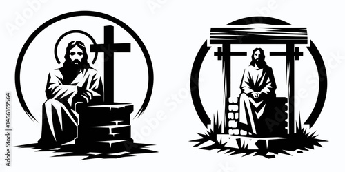 The Jesus Sitting by Well. Christian Art Nativity Crucifix Divine Salvation. Savior near fountain holy figures discourse offering comfort eternal life.