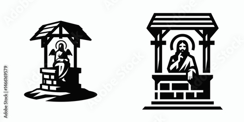The Jesus Sitting by Well. Christian Art Nativity Crucifix Divine Salvation. Messiah resting near source a parable of faith redemption and living water.