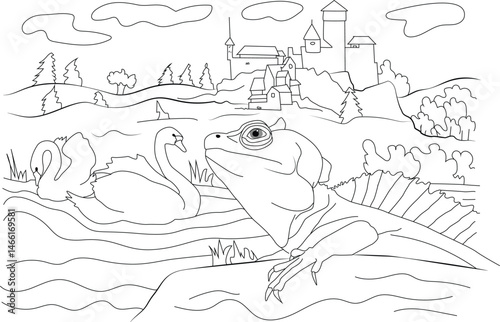 Fantasy Village Scene with Creature and Swans Line Art, Line art illustration depicting a fantastical village nestled on a hill overlooking a body of water. A large imaginative creature rests near 