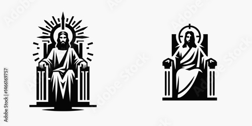 The Jesus Sitting on Throne. Christian Art Nativity Crucifix Divine Salvation. sovereign enthroned heavenly figure in majesty authority belief.