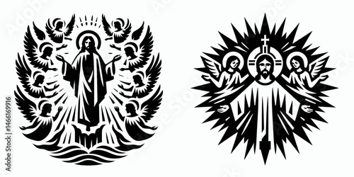 The Jesus Surrounded by Angels. Christian Art Nativity Crucifix Divine Salvation. Heavenly messiah encircled celestial guardians faith hope watch.