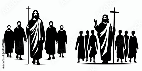 The Jesus Walking with Disciples. Christian Art Nativity Crucifix Divine Salvation. figure journeying alongside followers imparting gospel teaching.