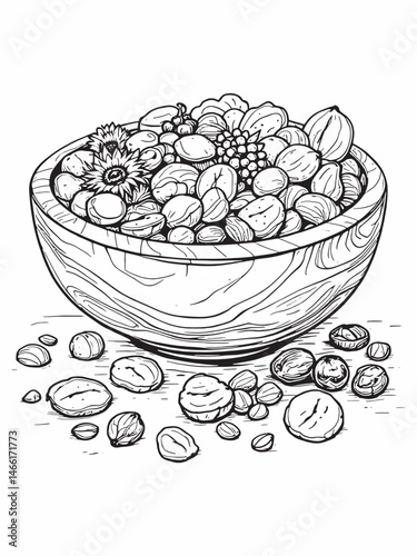 fruit mix in a wooden bowl line art simple elegance.eps