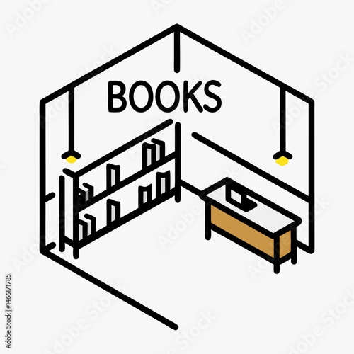Isometric small bookstore interior with neon sign lighting  
