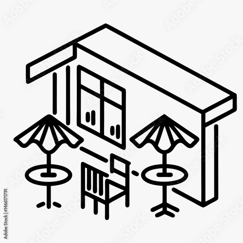 Isometric outdoor café scene with tables and umbrellas  