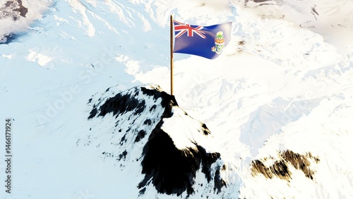 3D rendering of the Cayman Islands national flag, featuring a Blue Ensign with the Union Jack in the canton and the territory's coat of arms in the fly, gracefully waving atop a snow-covered mountain 