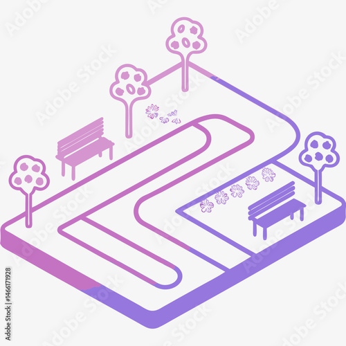 Isometric park jogging trail with benches and trees  