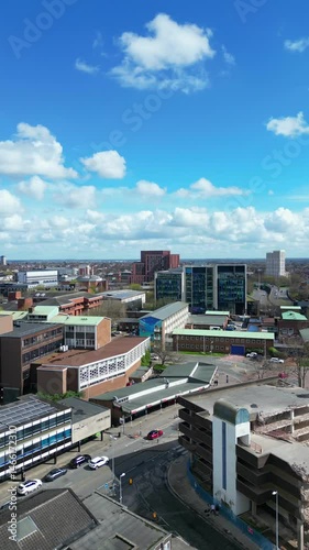 Downtown Buildings at Central Coventry City Centre of England United Kingdom. March 30th, 2024. Drone Camera Footage Was Captured During Bright Sunny Day From Medium High Altitude.