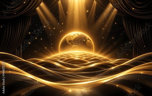 abstract scene with golden curtain and planet earth on black background.