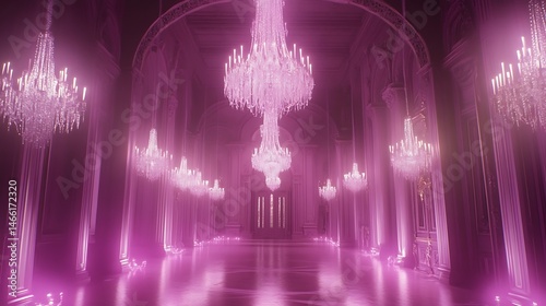 Pink palace hallway with chandeliers
