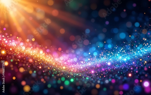 abstract colorful background with glowing particles and bokeh effect.