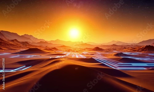 Sunrise Over Neon Lit Desert with Glowing Grid in a video