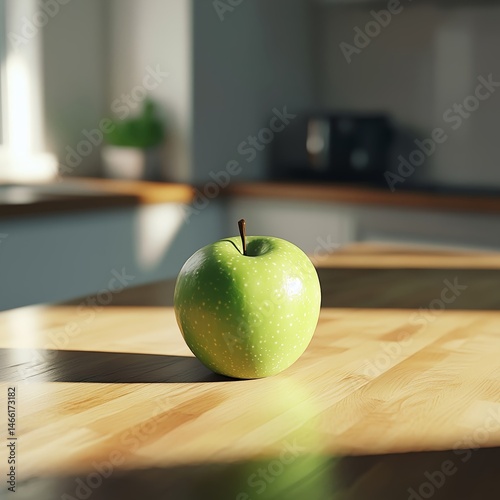 Fresh Green Apple on Wooden Table: Healthy Snack and Nutrition in Modern Kitchen Decor