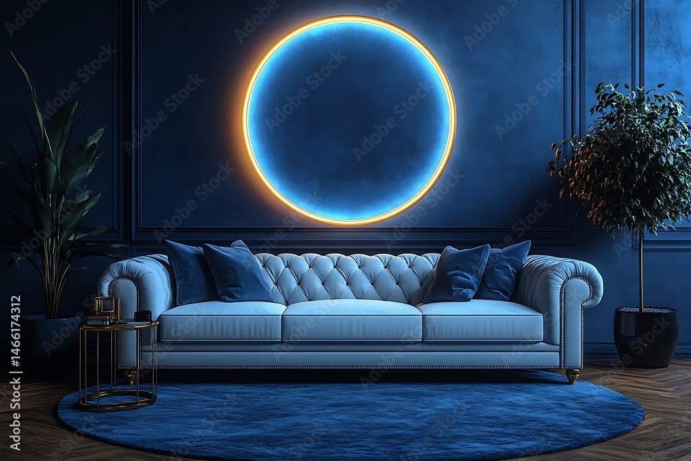 Obraz premium Luxurious living room with a modern touch featuring a blue neon circle and sofa.