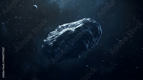 Lonely Asteroid: A single, rugged asteroid floating through the dark expanse of space, illuminated by distant starlight. 
