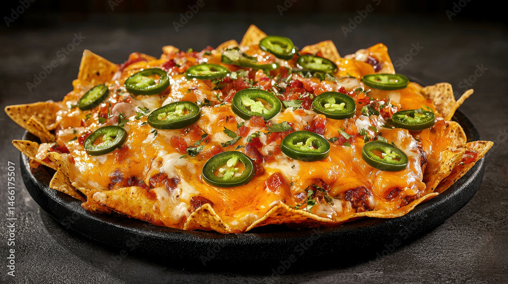 Delicious Cheesy Nachos with Fresh Jalapeños and Toppings on a Black Plate Delicious Cheesy Nachos with Fresh Jalapeños and Toppings on a Black Plate