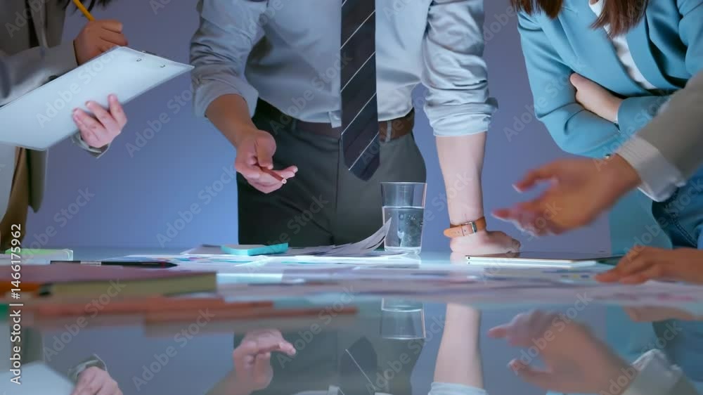Professional business people pointing and choosing idea of marketing data analysis or financial stock market profit statistic graph, bar at meeting room. In-depth Analysis and Collaborative Discussion