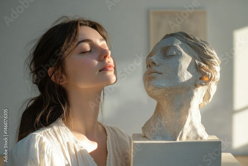 A young woman gazes serenely at a classical bust, bathed in soft sunlight, evoking tranquility and artistic inspiration.