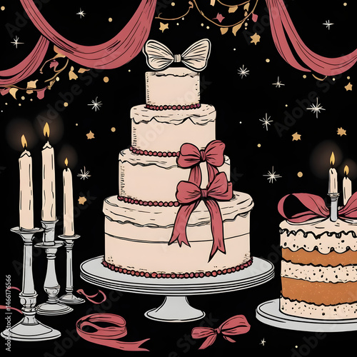 Elegant Four Tier Wedding Cake with Candles and Ribbons Festive Birthday Celebration Scene