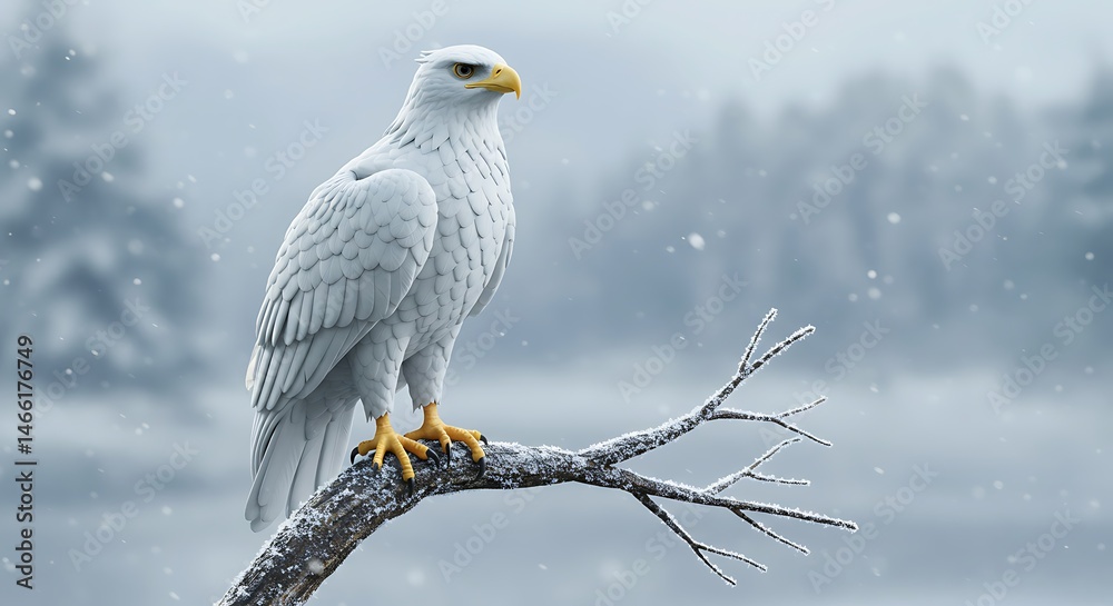 Fototapeta premium White Eagle Perched on Branch, Winter Snowfall