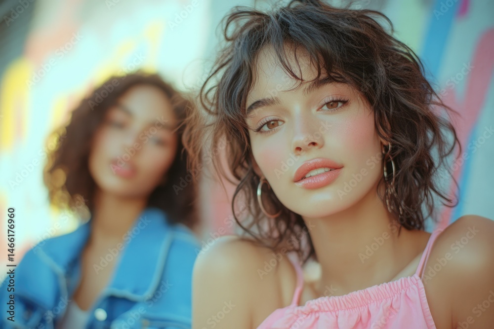 Obraz premium Close-up portrait of two young women, one in focus, with soft lighting and a pastel background.