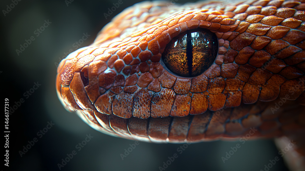 Fototapeta premium Intriguing Gaze: A close-up of a snake's eye, revealing mesmerizing detail and an enigmatic presence. The intricate scales and the captivating gaze evoke a sense of mystery and wonder.