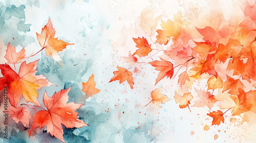 Watercolor abstract background autumn collection with maple and seasonal leaves. Hand-painted watercolor natural art
