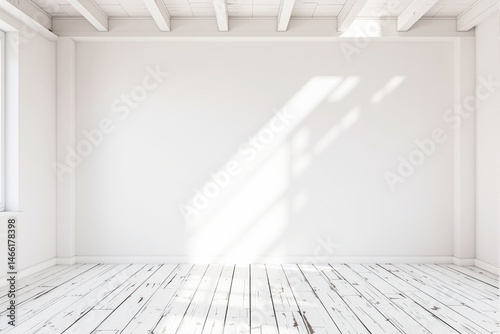 Bright empty white room with wooden floor and sunlight.