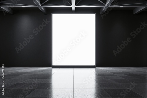 Large illuminated blank frame on dark wall in modern interior.