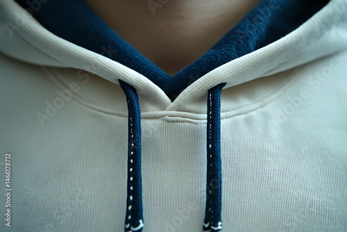 Close-up of a hoodie's cream-colored collar with a navy blue lining